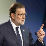 Mariano Rajoy, durante la rueda de prensa ofrecida hoy en Bruselas, tras asistir a la reunión del Consejo Europeo.
