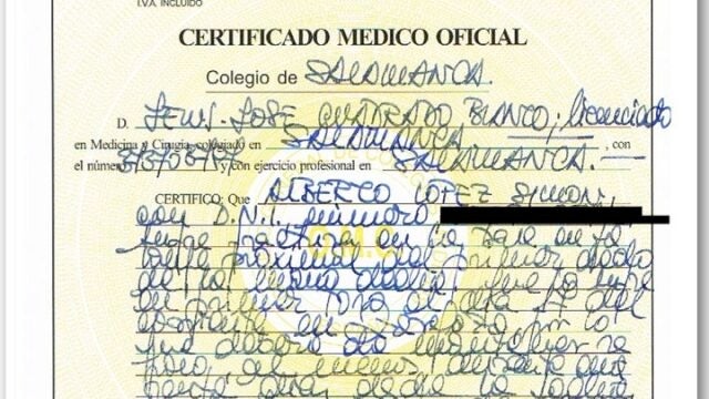Certificado médico de Alberto López Sim´ón, que confirma su baja en Guadalajara