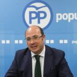 El presidente de la Región de Murcia, Pedro Antonio Sánchez, durante la reunión del comité ejecutivo del PP en la sede del partido en Murcia