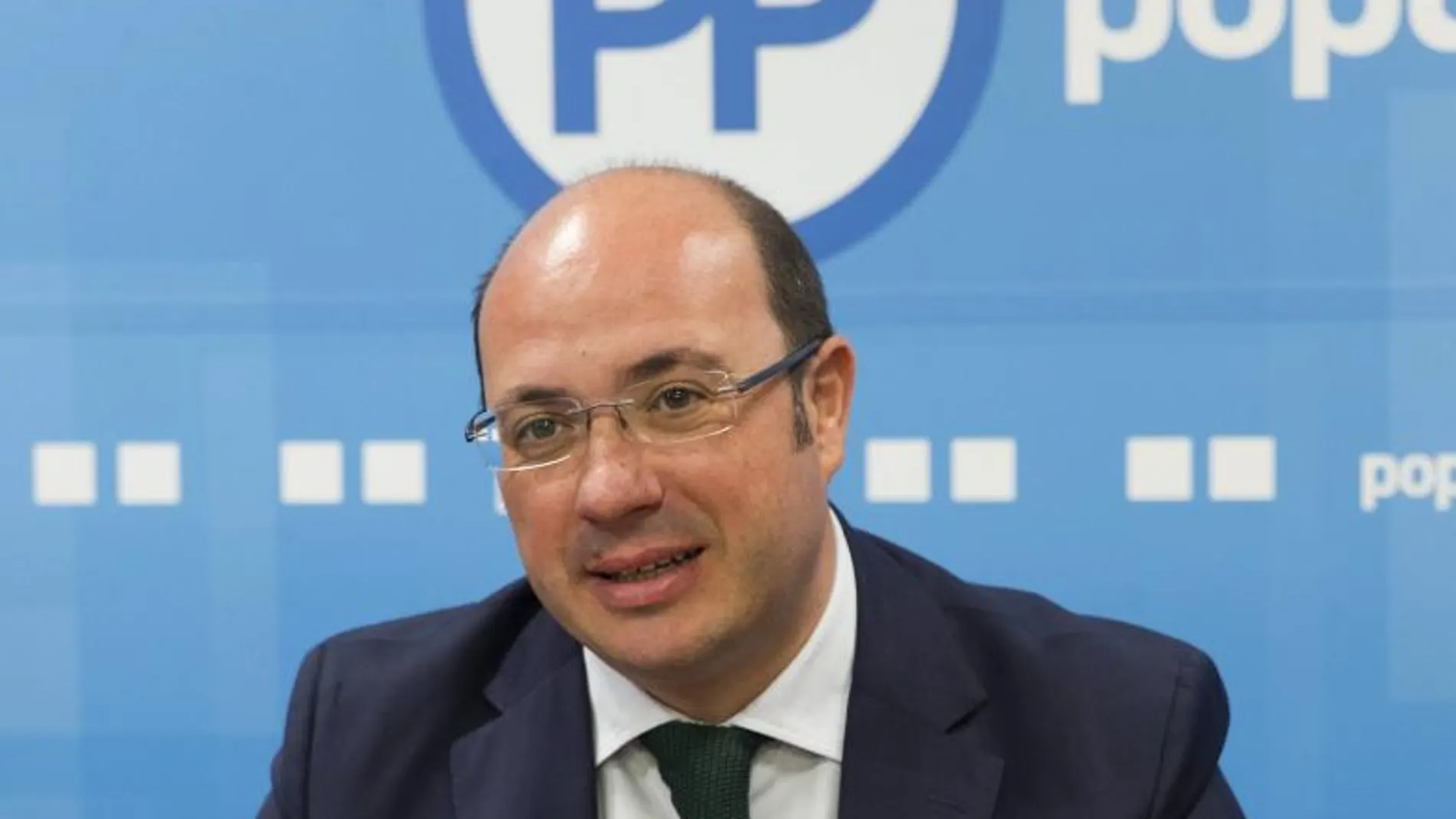 El presidente de la Región de Murcia, Pedro Antonio Sánchez, durante la reunión del comité ejecutivo del PP en la sede del partido en Murcia