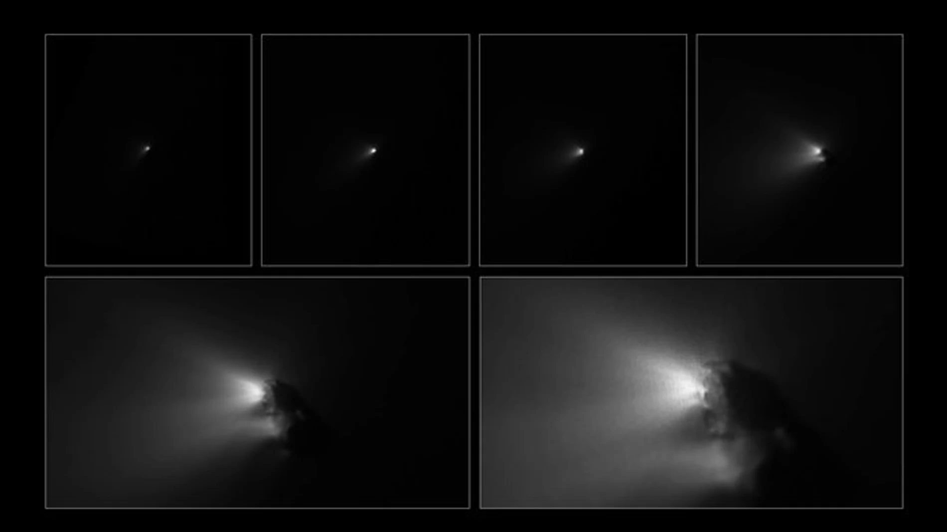Seis momentos de la maniobra de aproximación al cometa Halley