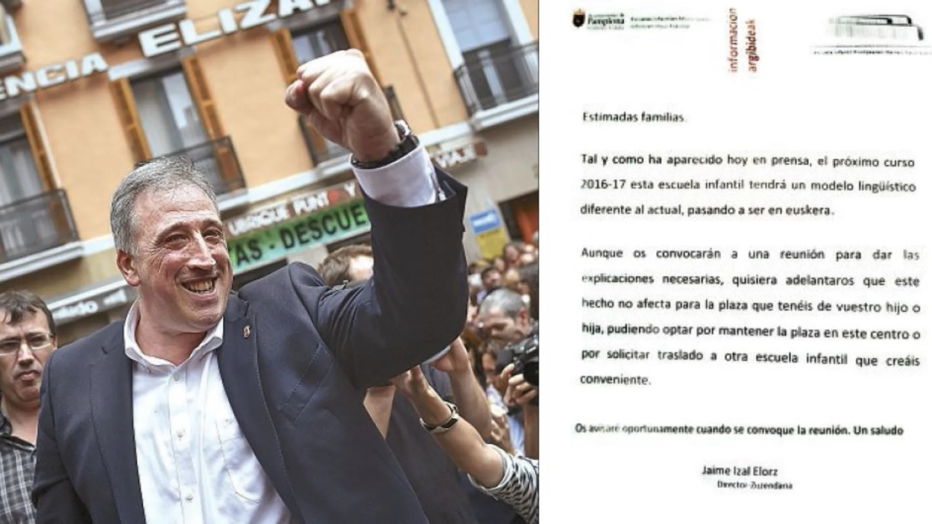 Los directores de las escuelas infantiles comunican con una carta (en la imagen) a los padres la decisión del Ayuntamiento gobernado por Joseba Asirón de cambiar el modelo lingüístico