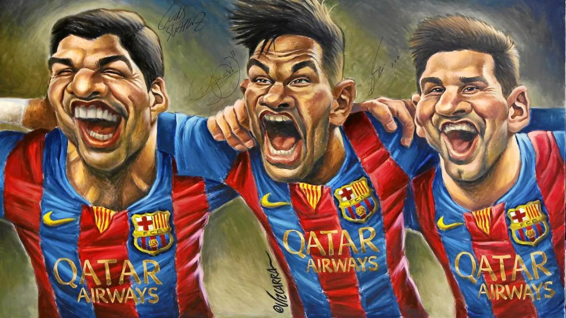 A Luis Suárez le regalaron un cuadro en el que se le ve junto a Neymar y Messi. Son los inseparables del Barcelona