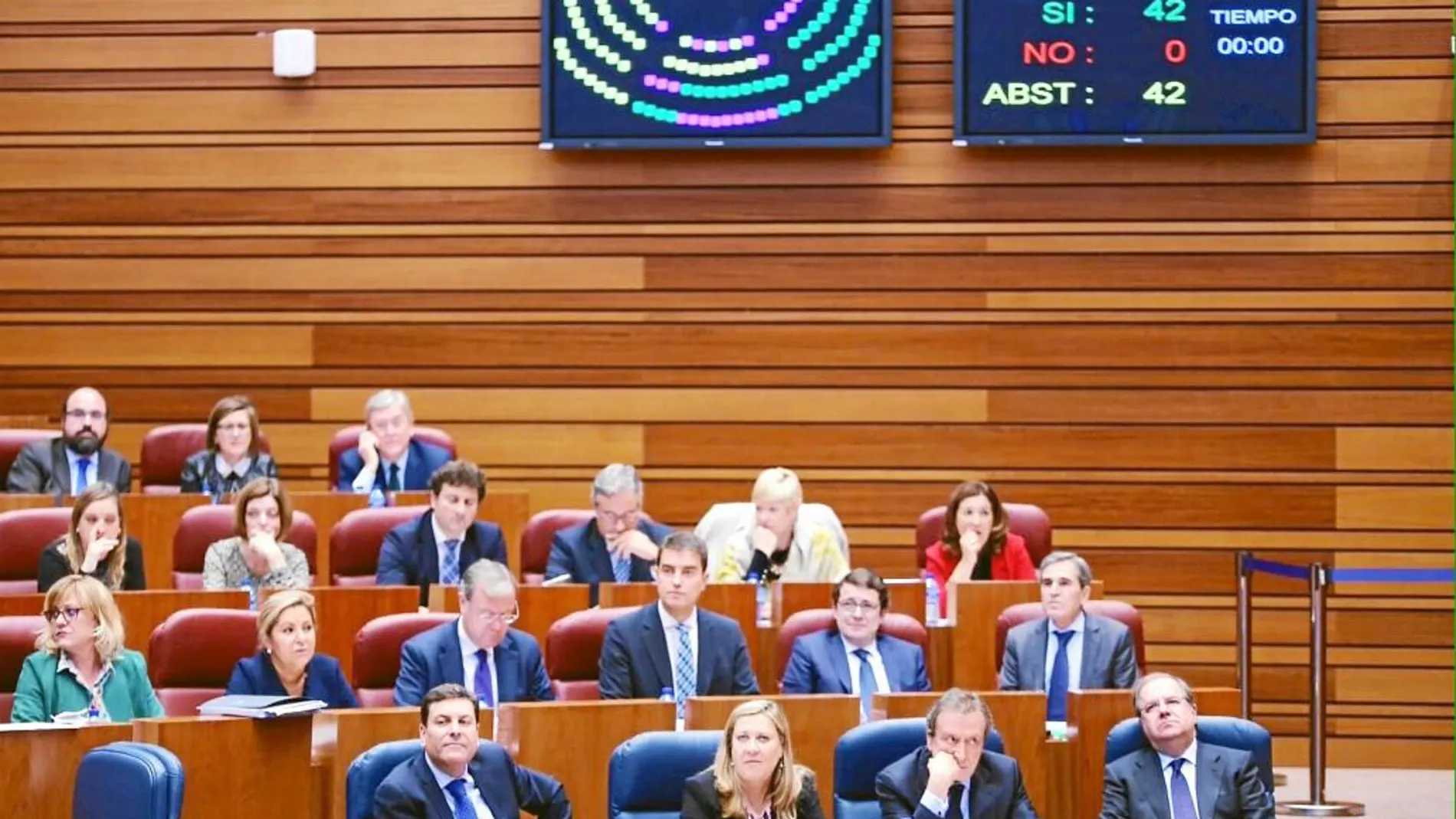 La bancada popular durante la votación de una Proposición No de Ley en las Cortes regionales