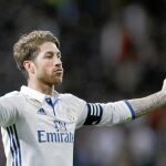 Sergio Ramos celebra el gol de la victoria del Madrid frente al Betis