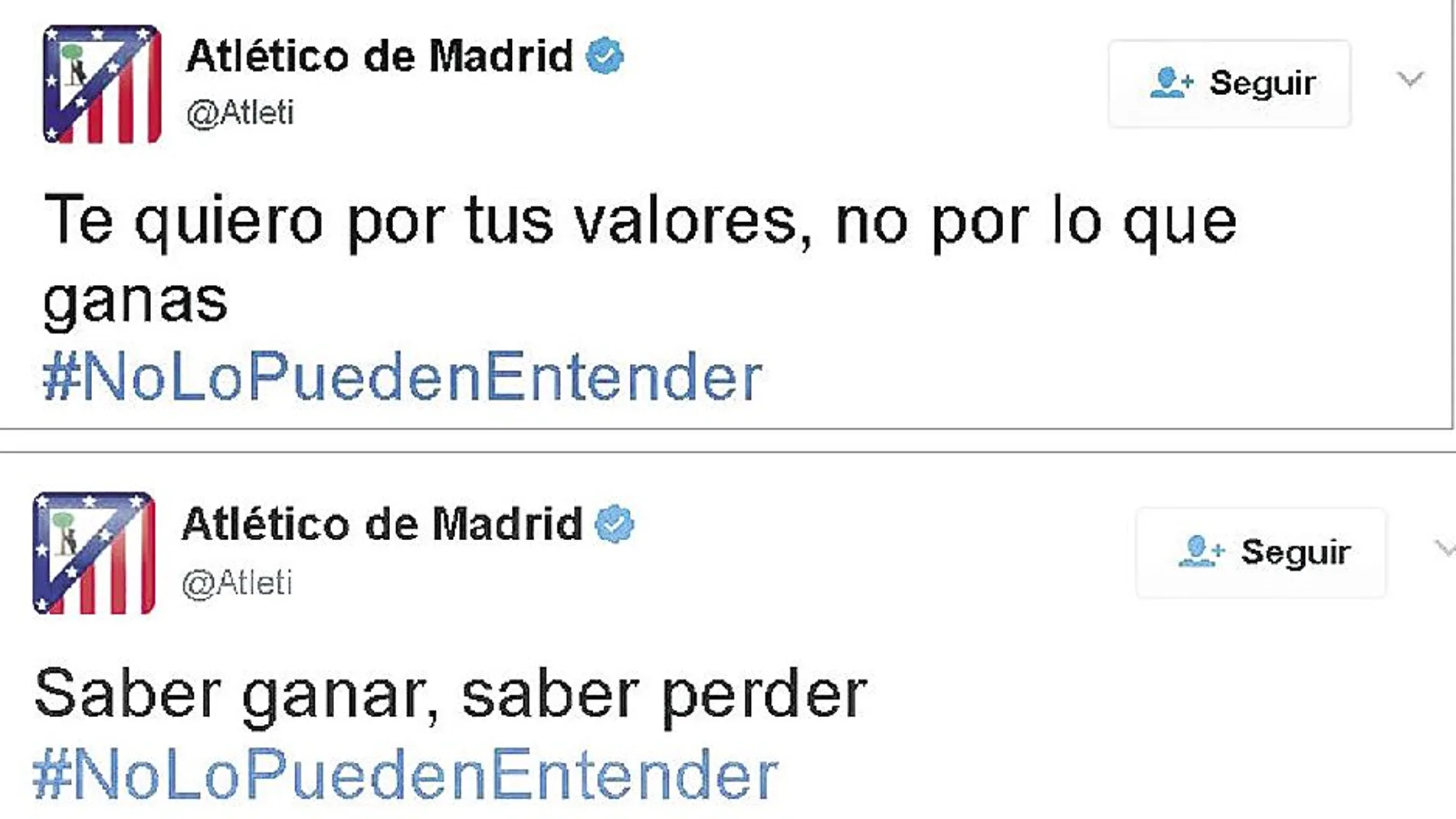 Tuits publicados por la cuenta oficial del Atlético de Madrid