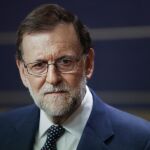 Mariano Rajoy durante la rueda de prensa que ha ofrecido hoy en el Congreso.