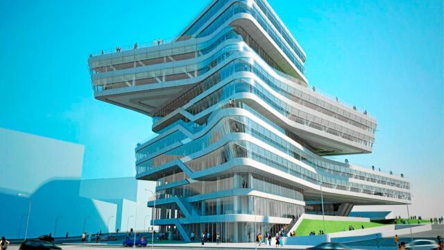 Jordi Hereu y la arquitecta Zaha Hadid pusieron la primera piedra del que debía ser uno de los edificios de oficinas más singulares de la capital catalana.