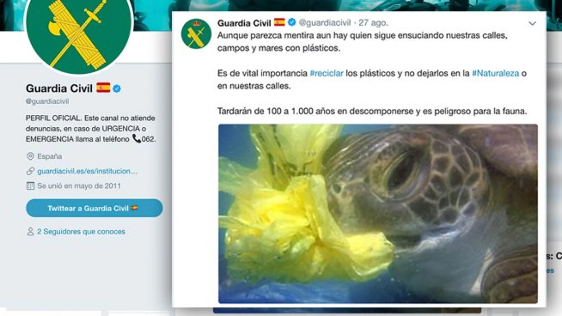 Imagen del tuit de la Guardia Civil sobre la contaminación de los plásticos / Twitter