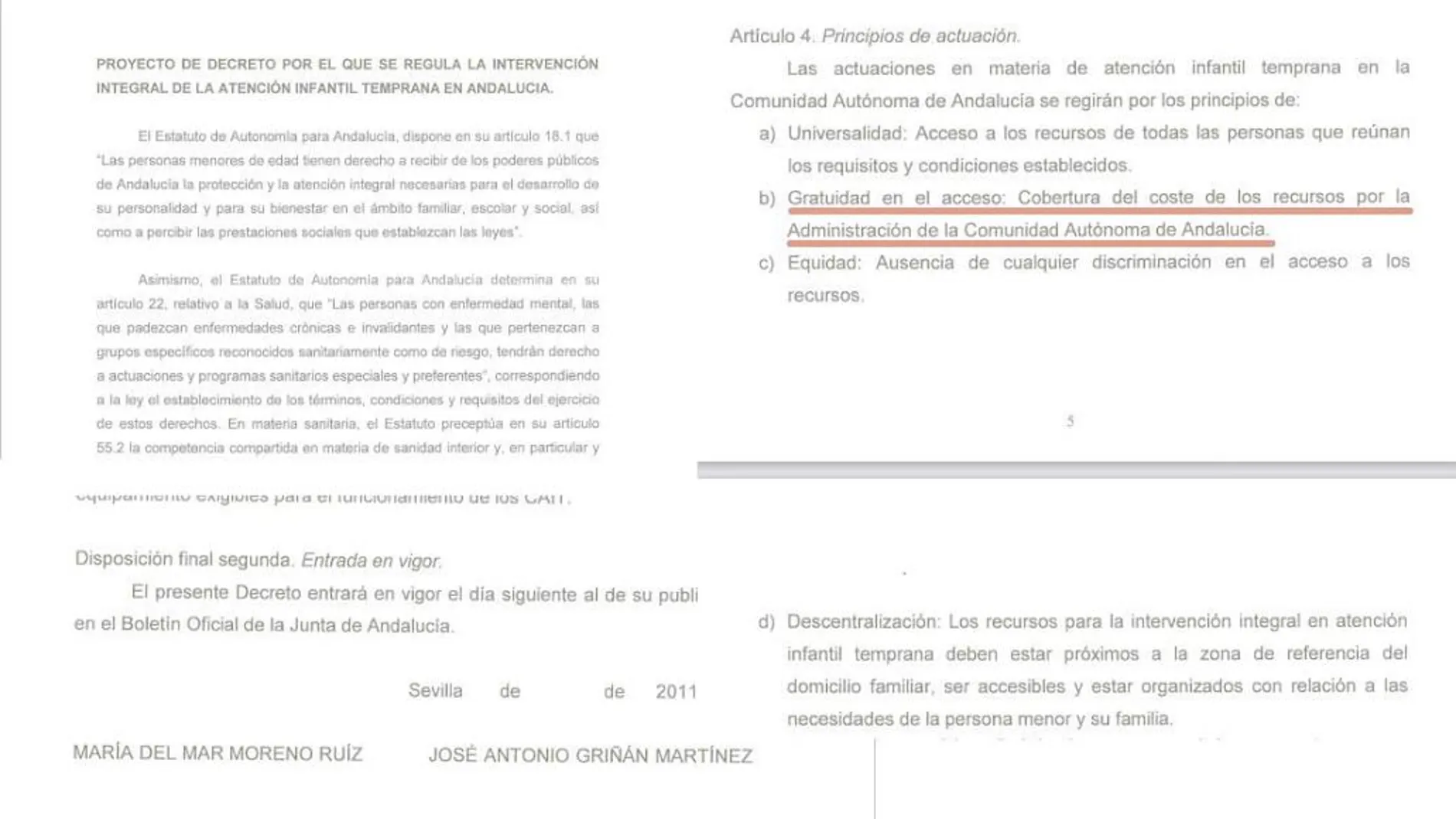 El decreto que Griñán firmó en 2011 con la «gratuidad» como principio de actuación