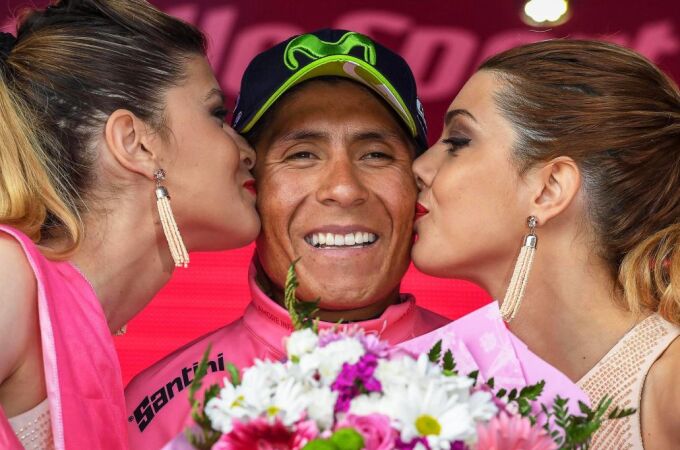 Nairo Quintana celebra su triunfo en la etapa del Giro.
