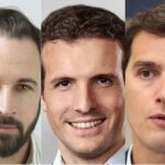 Santiago Abascal (Vox), Pablo Casado (PP) y Albert Rivera (Cs)