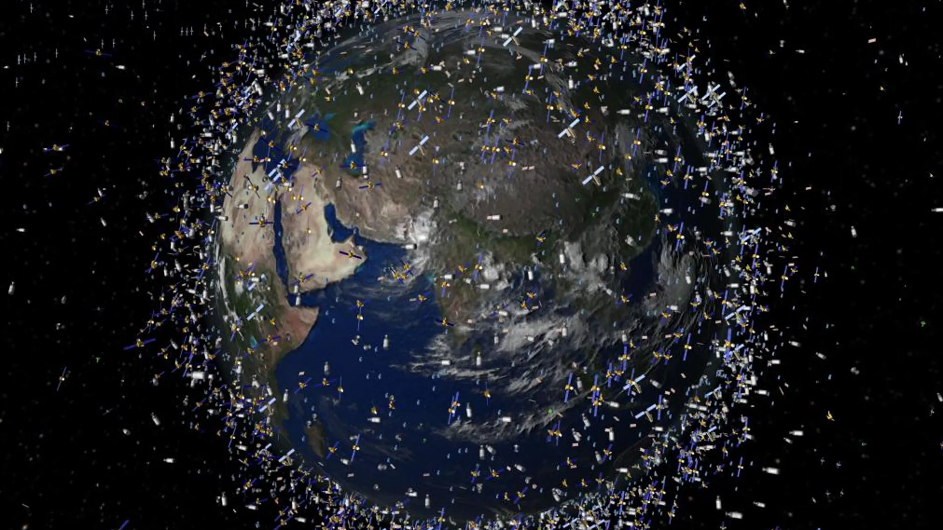 Una recreación realizada por la ESA de todos los satélites que orbitan en torno a la Tierra