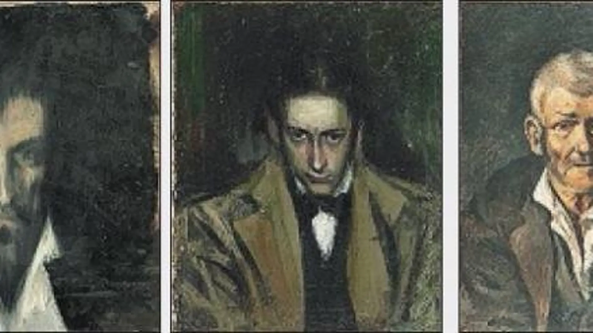De izquierda a derecha: «Retrato de un desconocido», «Retrato de un hombre desconocido al estilo de El Greco», «Retrato de Carles Casagemas», «Retrado de vell» y «Autorretrato con peluca».