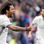 Marcelo celebra el gol que le dio la victoria al Madrid contra el Valencia el pasado sábado