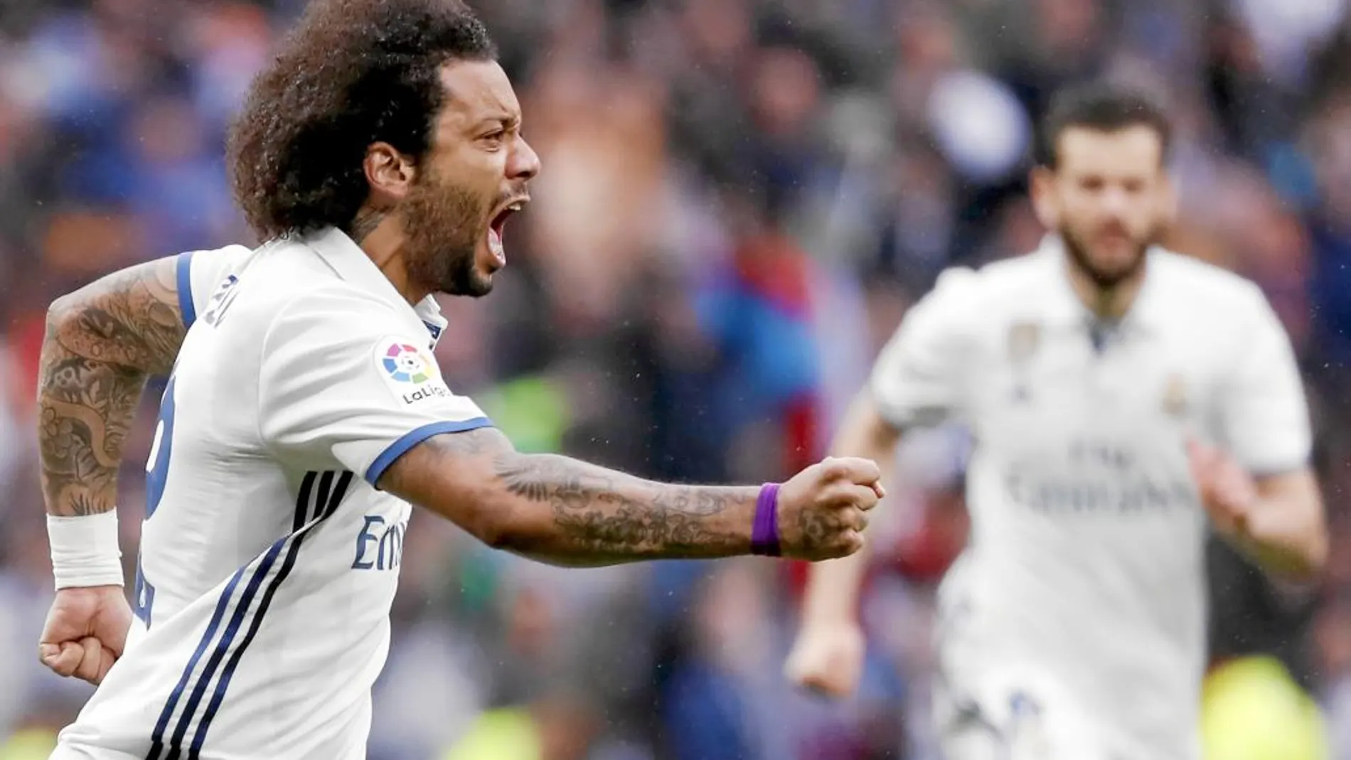Marcelo celebra el gol que le dio la victoria al Madrid contra el Valencia el pasado sábado