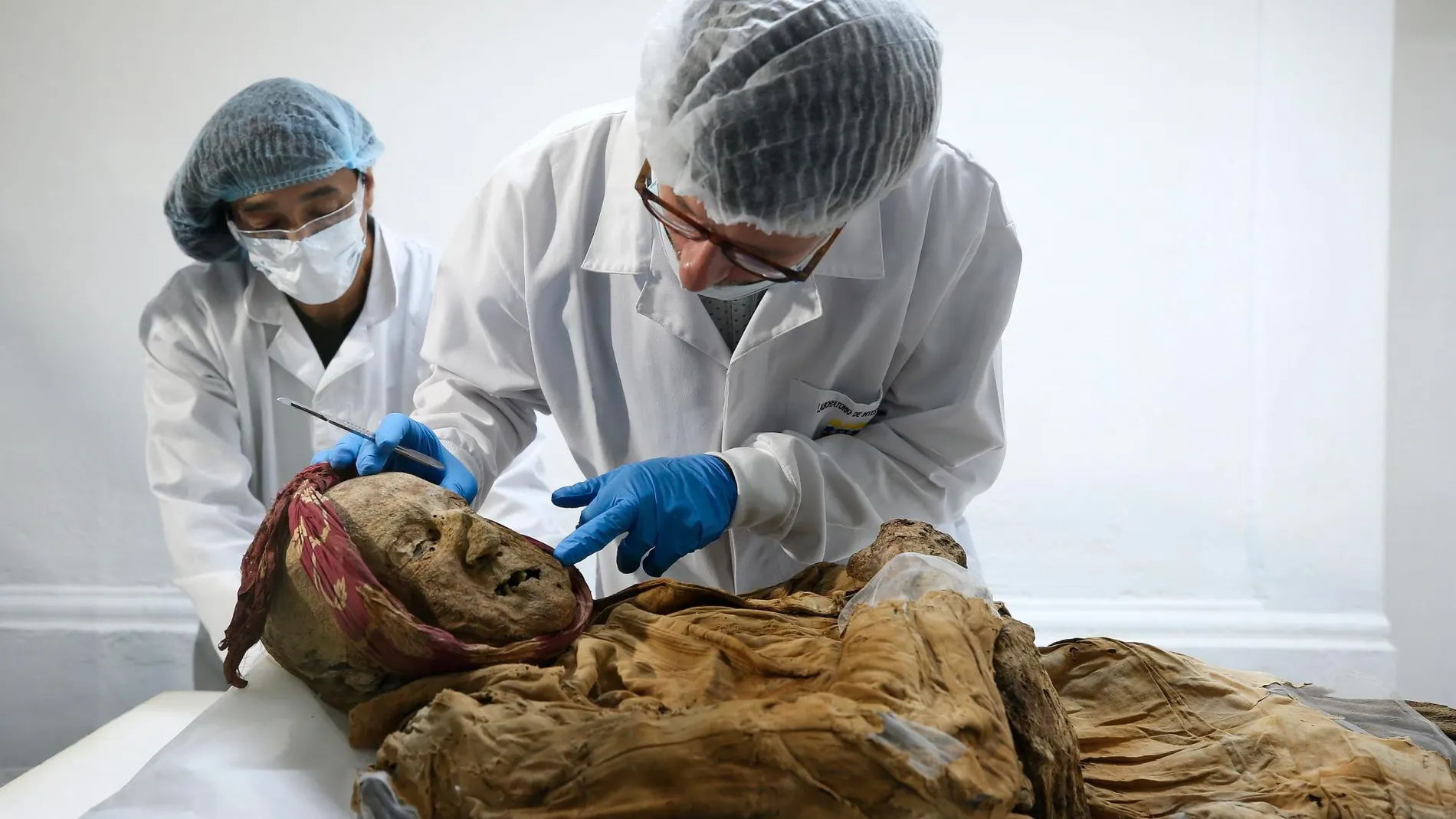 El científico francés Philippe Charlierrealiza estudios de la «momia de Guano», este miércoles en Quito (Ecuador) / Efe