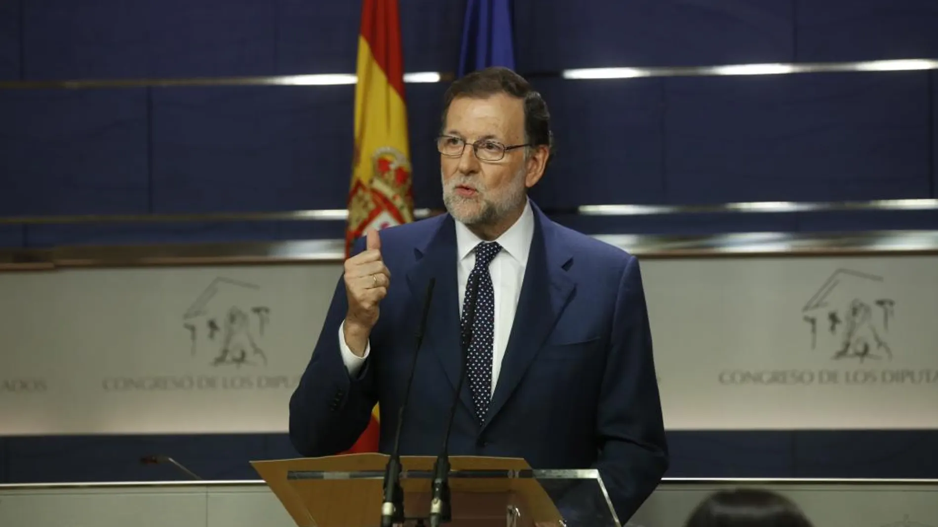 Mariano Rajoy, durante la rueda de prensa que ha ofrecido hoy tras la reunión que ha mantenido con Pedro Sánchez.
