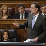 El presidente del Gobierno, Mariano Rajoy, durante su intervención en la sesión de control al Gobierno en el Congreso