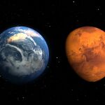 Montaje fotográfico con la Tierra y Marte vistas desde el espacio
