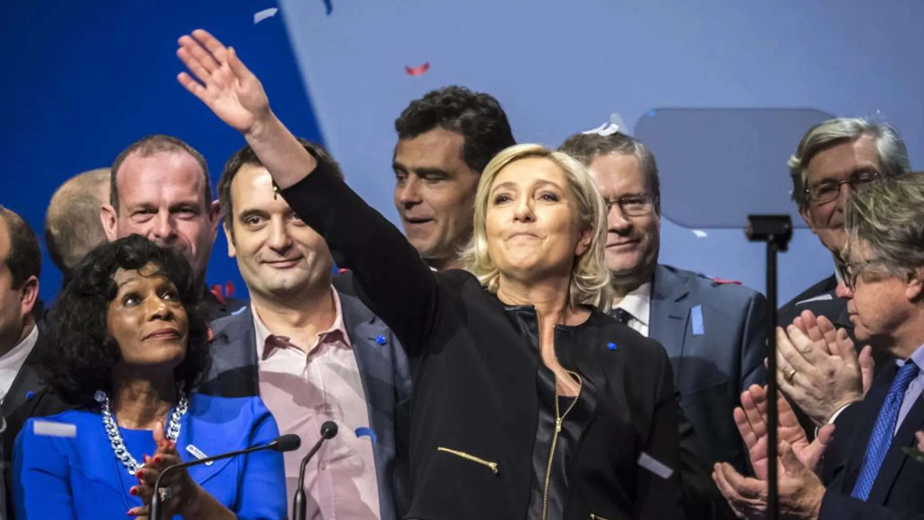 La líder del Frente Nacional, Marine Le Pen, durante la convención de su partido hoy en Lyon.