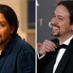 Pablo Iglesias, a la izquierda, tal y como ha ido a Zarzuela; a la derecha, en la gala de los Premios Goya
