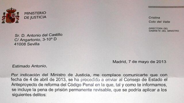 Extracto de la carta enviada por el Ministerio de Justicia a Antonio del Castillo