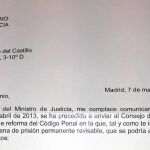Extracto de la carta enviada por el Ministerio de Justicia a Antonio del Castillo