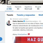 Captura de pantalla donde se puede apreciar que el Ministerio de Justicia se hace eco, en su cuenta oficial, del mensaje del candidato del PSOE, Pedro Sánchez (Foto: Twitter)