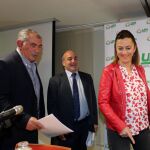 El secretario general de UPA en Castilla y León, Aurelio González; el director general de PAC, Juan Pedro Medina, y la delegada del Gobierno, Virginia Barcones, participan en una jornada informativa sobre Cultivos herbáceos