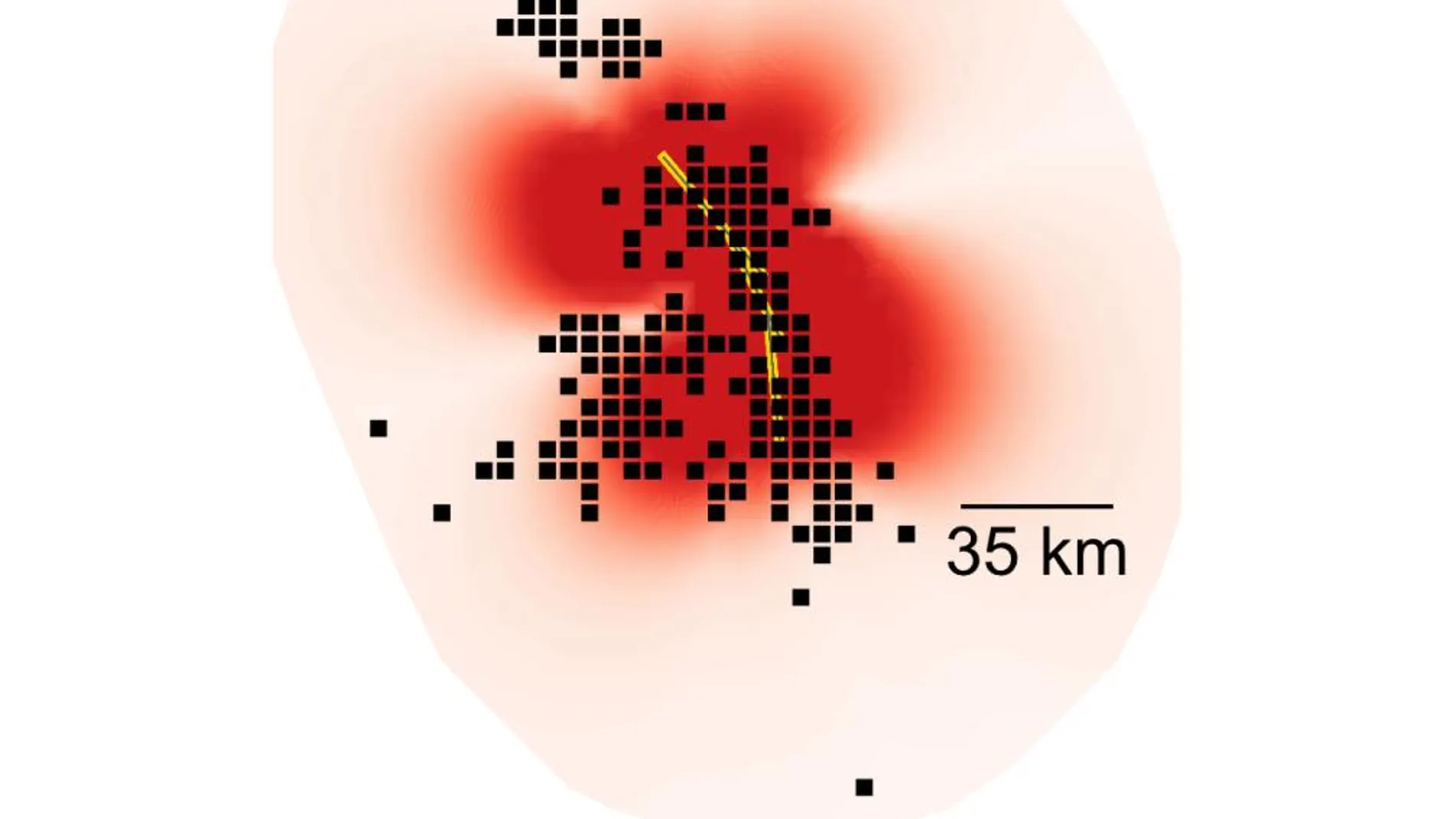 La imagen muestra un mapa de la distribución de probabilidades de réplica del terremoto de Landers. Las zonas en rojo oscuro son regiones más propensas a sentir réplicas según las predicciones. Los puntos negros representan réplicas observadas y la línea amarilla muestra las fallas que se rompieron durante el temblor principal