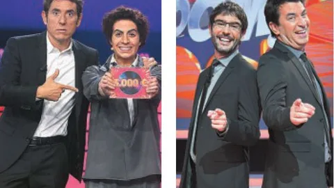 A la izda., Manel Fuentes y María Villalón («TCMS»), y Juanra Bonet y Arturo Valls, en el «crossover» de «Boom»