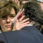 Soraya Sáenz de Santamaría reivindicó ayer la gestión del ex presidente Mariano Rajoy y  toda su acción política  / Efe