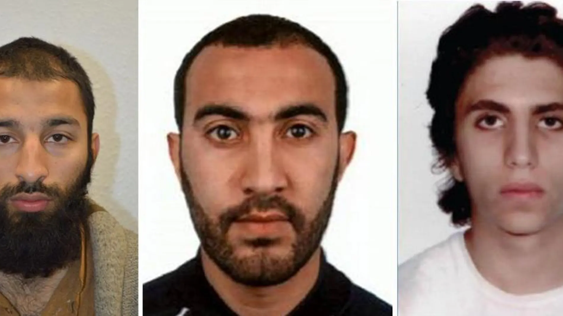 Los tres hombres identificados por la policía como los tres terroristas del atentado de Londres (de i a d) Khuram Shazad Butt, Rachid Redouane y Youssef Zaghba.