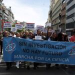 Científicos españoles frente al Ministerio de Educación, en Madrid, en la marcha mundial por la ciencia