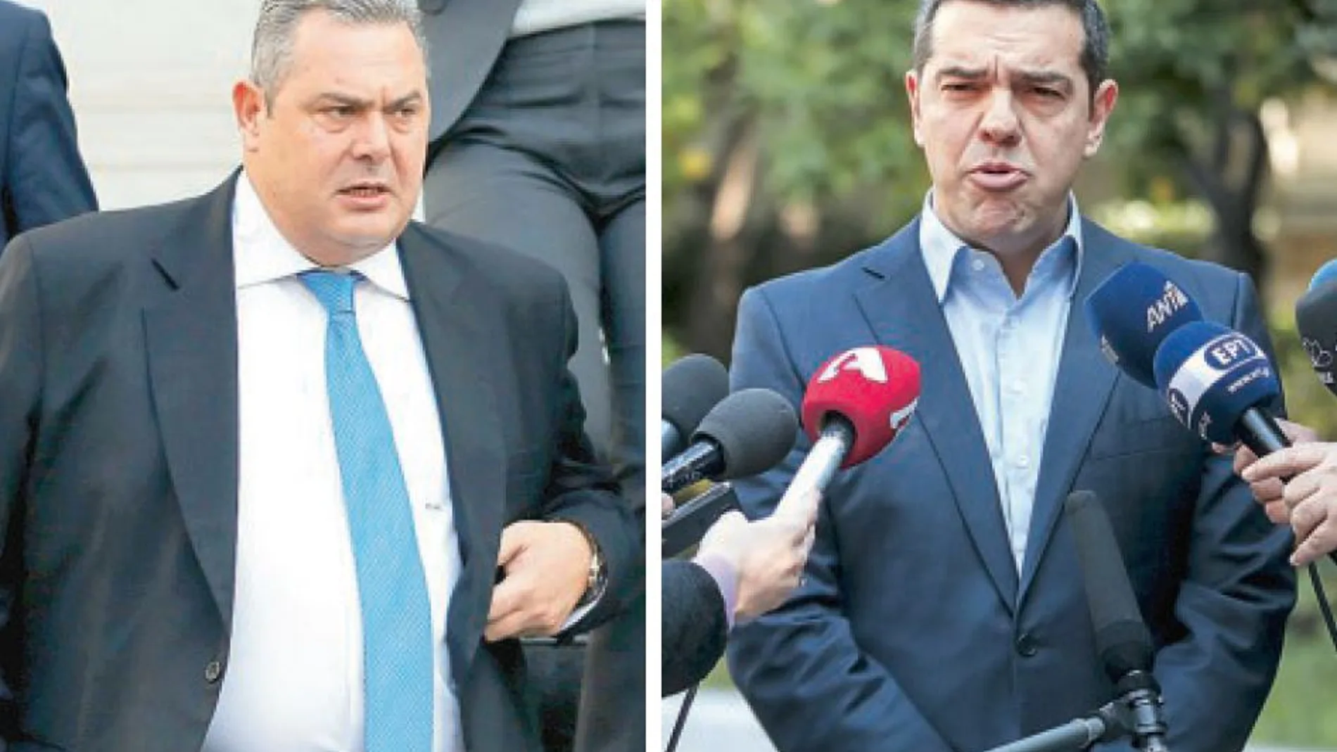 Panos Kammenos, líder del partido nacionalista Griegos Independientes (izq.) y ministro de Defensa, y el primer ministro, Alexis Tsipras, a la salida de la reunión en la que sellaron la ruptura