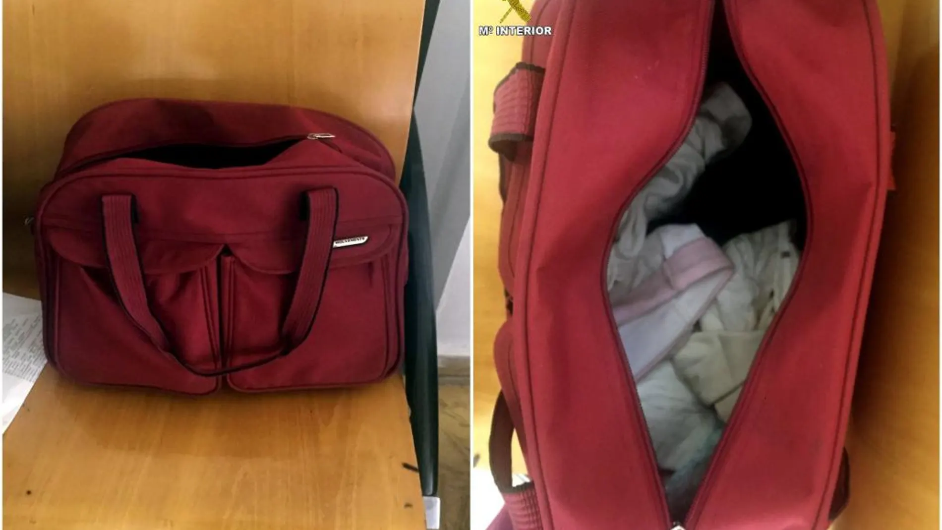 Fotografía facilitada por la Guardia Civil del bolso donde dos mujeres, detenidas en Melilla, ocultaban a un bebé, de tan solo un mes de vida