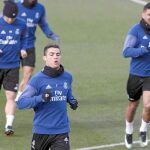 Cristiano Ronaldo, en el entrenamiento de ayer del Madrid