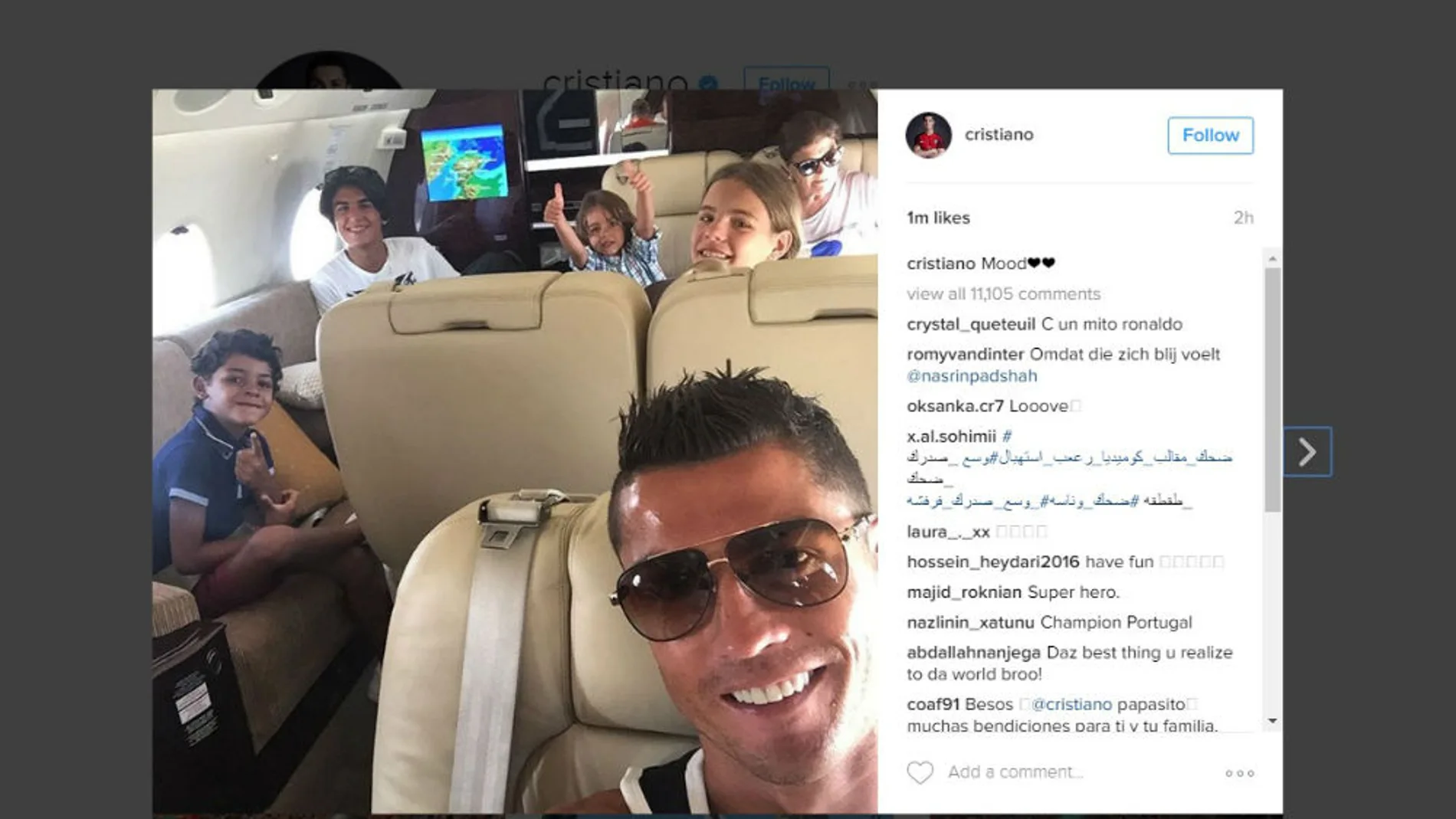Cristiano Ronaldo y su familia en el jet privado del delantero Instagram