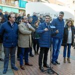 Pablo Casado interviniendo en el acto de ayer, junto a Serrano, Fernández, Albiol y Montserrat