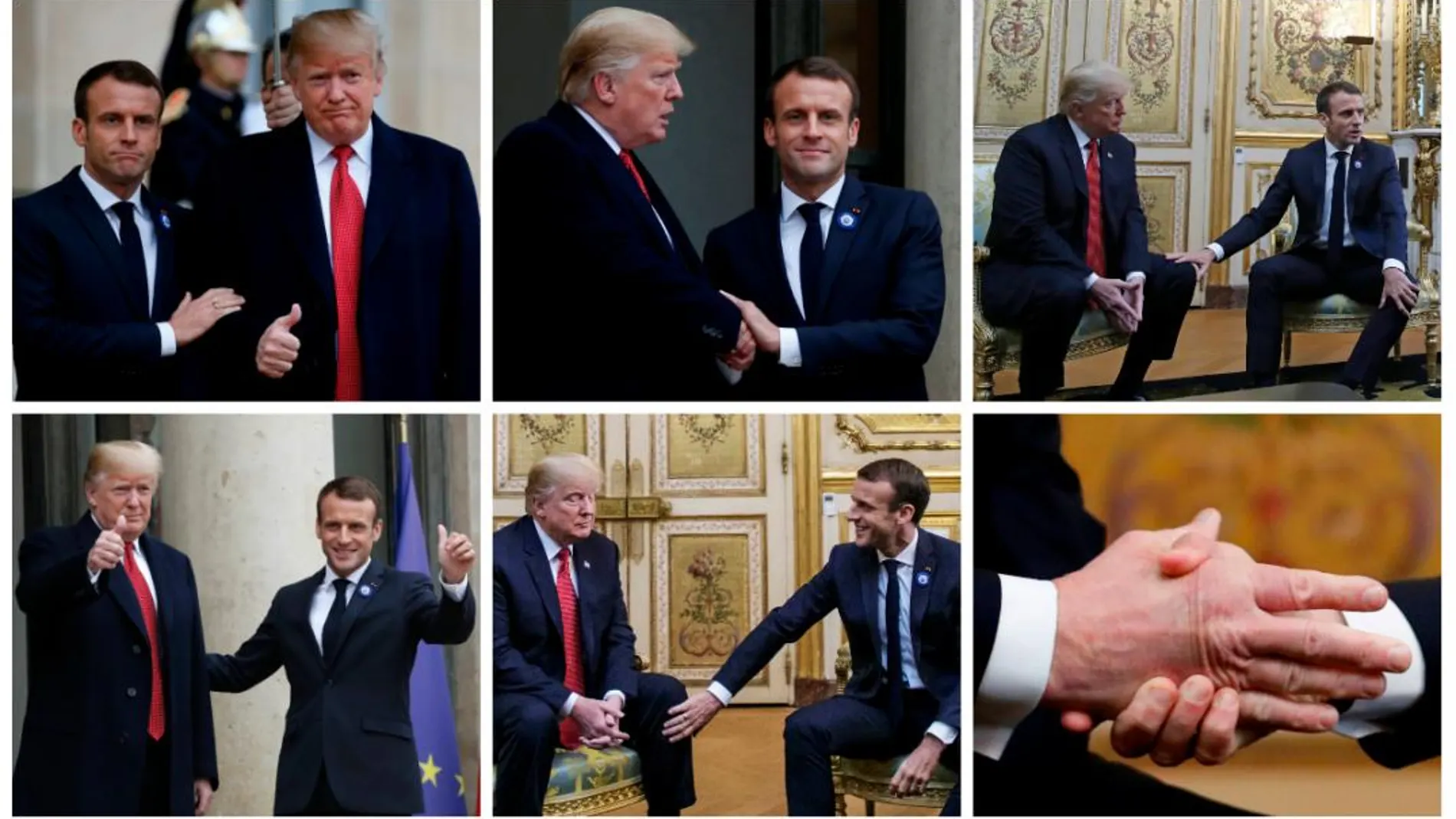Varias imágenes en las que se pueden ver los gestos de afecto de Macron sobre Trump
