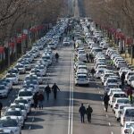 Taxistas concentrados en el paseo de la Castellana el pasado enero durante la huelga del sector