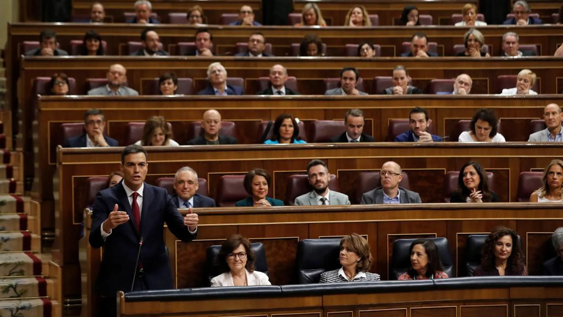 El presidente del Gobierno, Pedro Sánchez, interviene en la sesión de control al Gobierno hoy en el Congreso. EFE/Juan Carlos Hidalgo