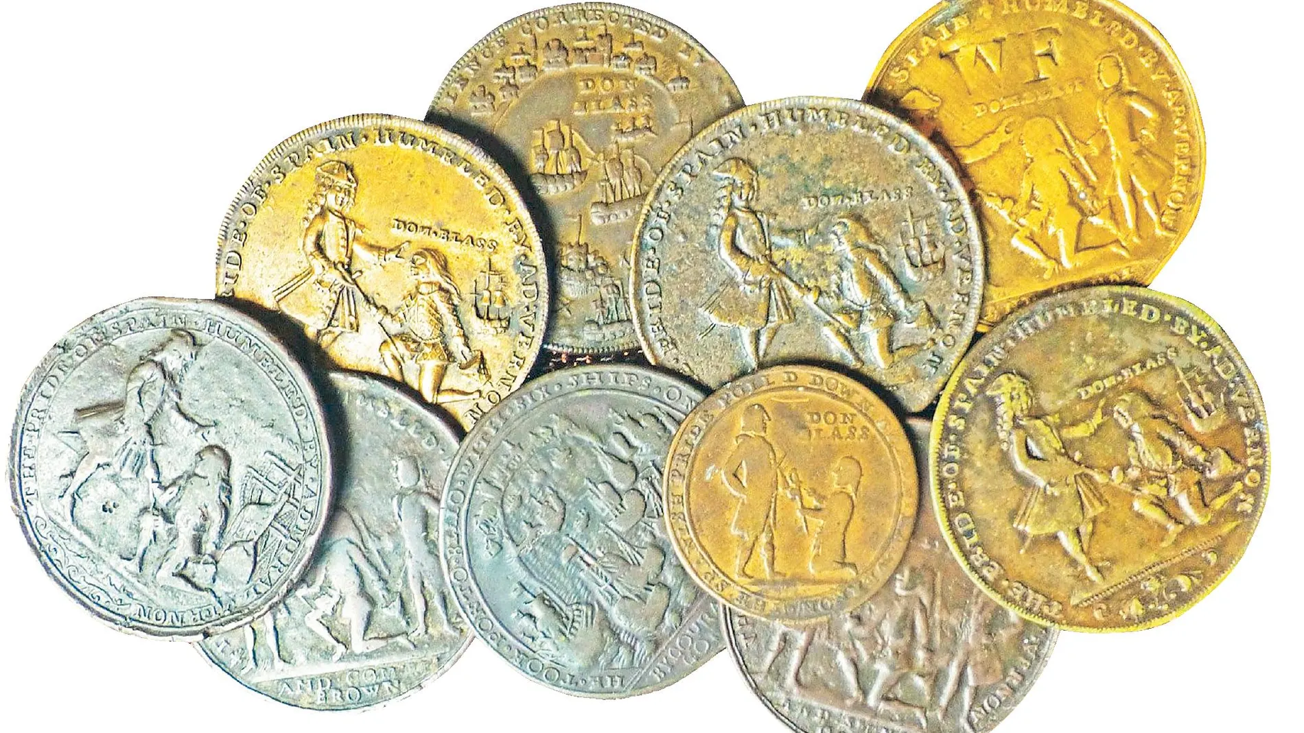 Monedas que mandó acuñar Inglaterra para celebrar una supuesto victoria sobre Blas de Lezo