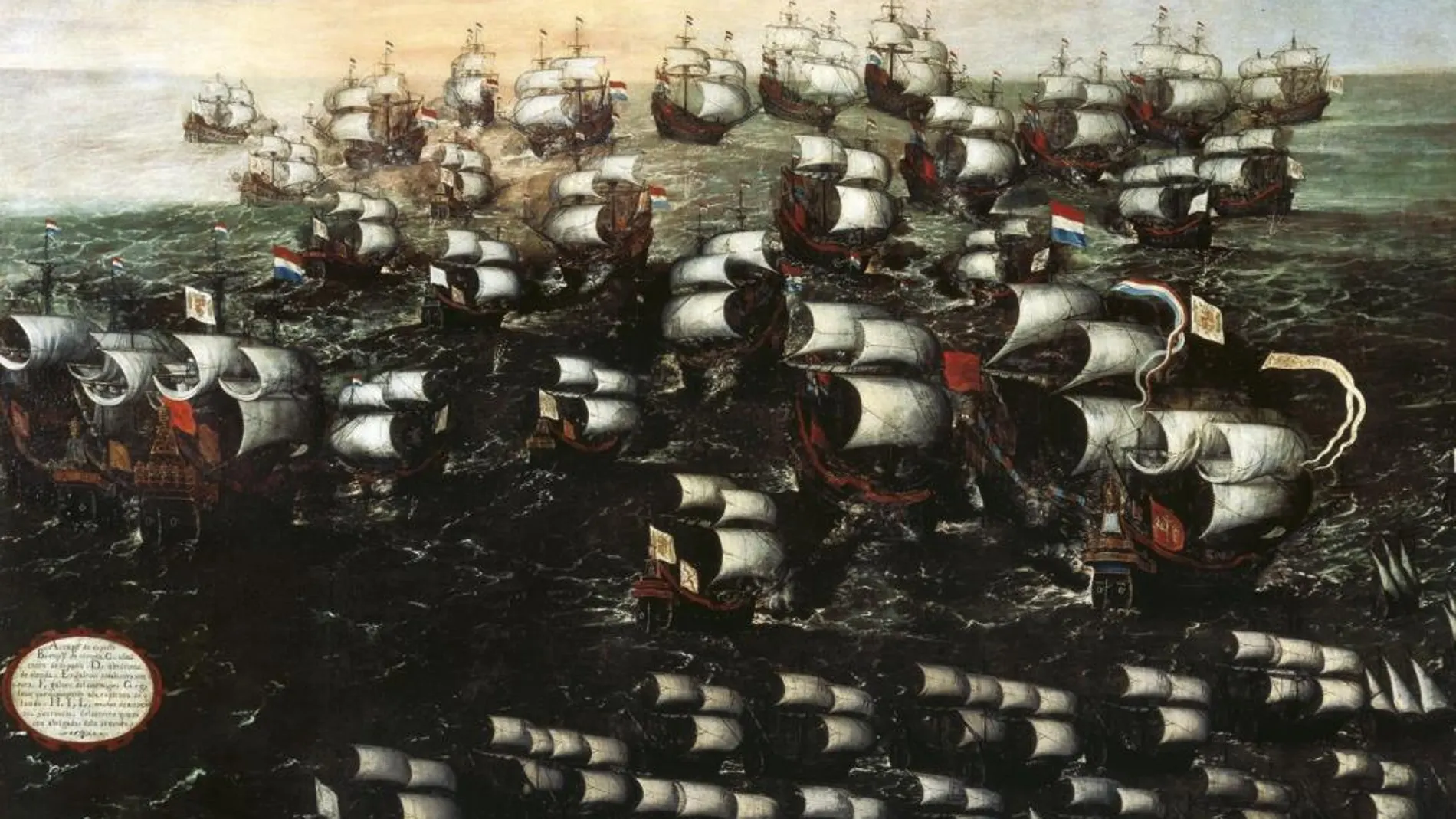 El combate fue relatado de principio a fin en los cuadros de Juan de la Corte (en la imagen, la vista IV), toda una crónica del triunfo del almirante vasco