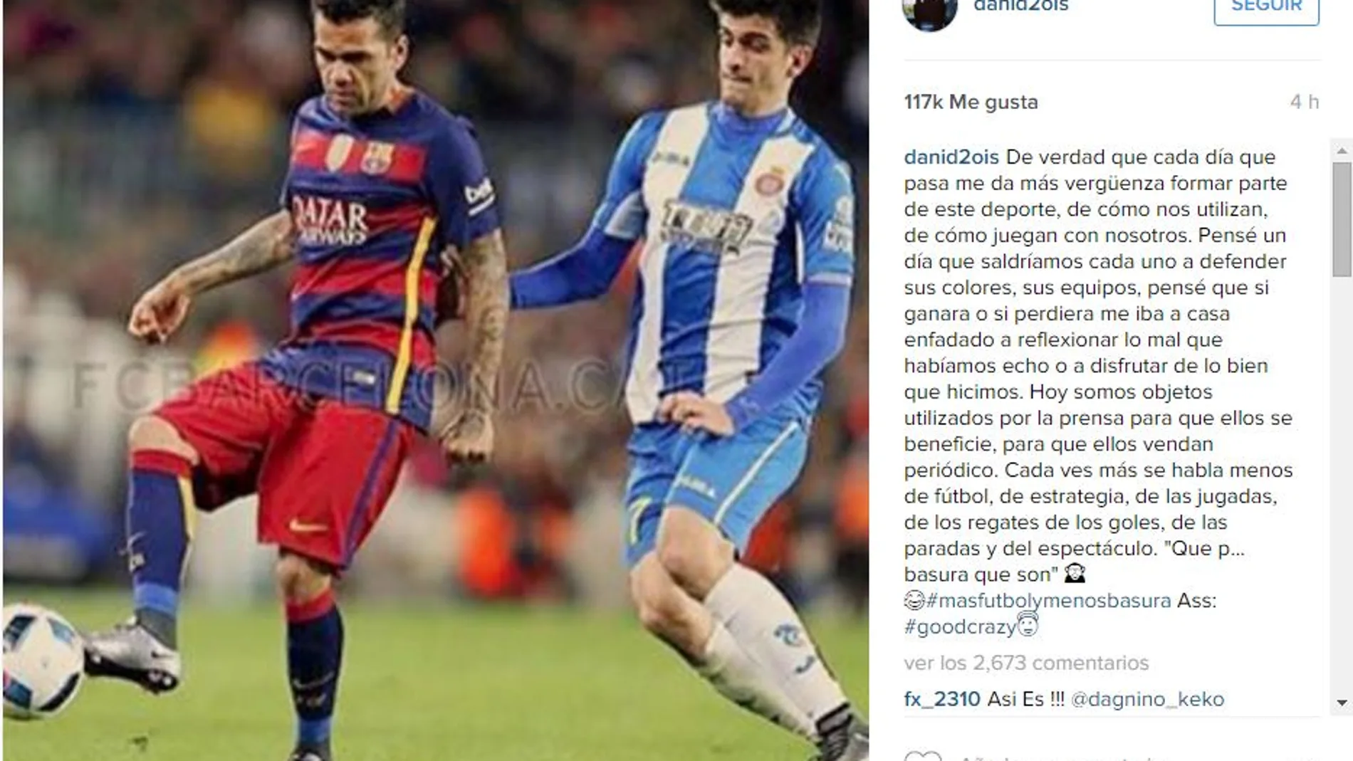 Dani Alves califica a la prensa de «p... basura» en las redes sociales