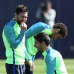 Neymar Messi y Luis Suarez durante el entrenamiento de hoy