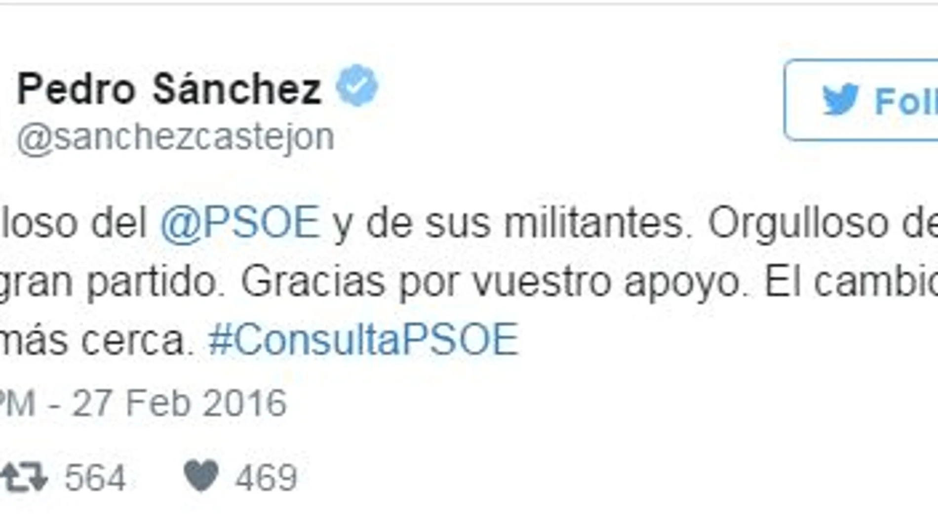 Pedro Sánchez, «orgulloso» del apoyo obtenido