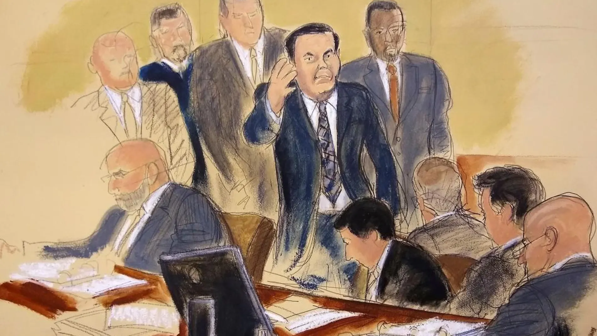 Un dibujo del juicio muestra a Joaquin "El Chapo"Guzman saludando a su mujer / Foto: Ap