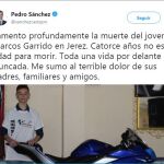 Tuit de Pedro Sánchez lamentando la muerte del joven piloto
